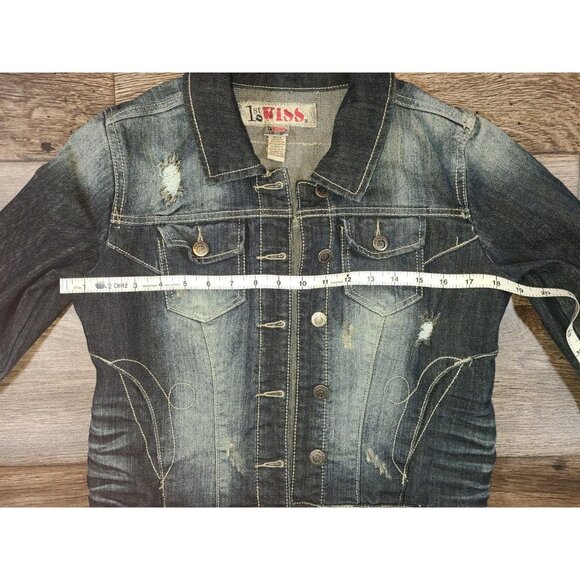 1st Kiss Distressed Stretch Denim Lace Skull Rockabilly Jean Jacket Juniors M - Picture 5 of 8